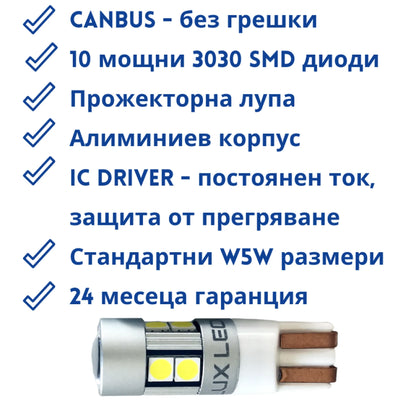 W5W Т10 Мощен LED Габарит Комплект 2 крушки